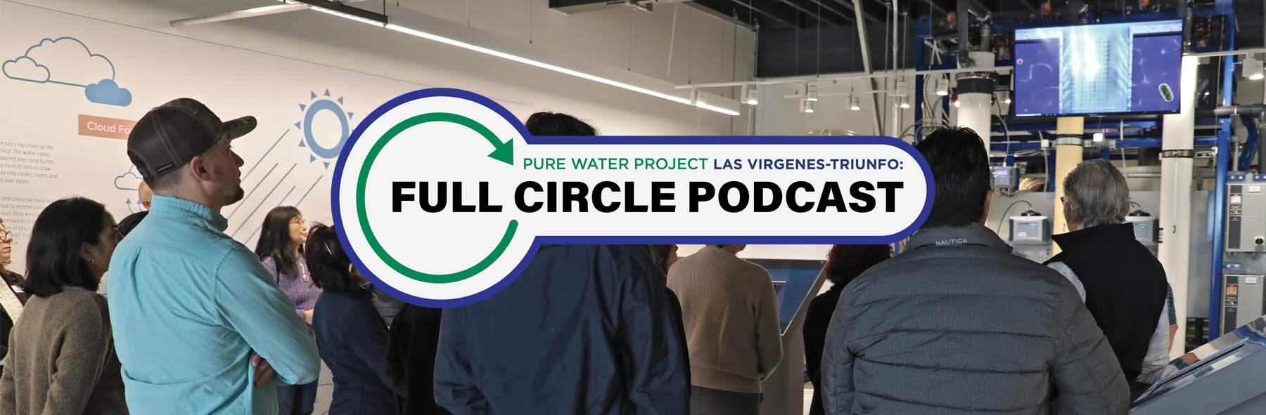 Full Circle Podcast logo in front of water professionals being given a tour in a water treatment facility